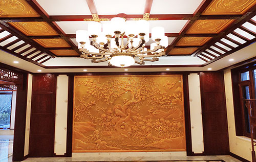 金水中式别墅客厅中式木作横梁吊顶装饰展示